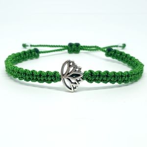 Lotus flower bracelet, green string braided bracelet, silver color lotus flower